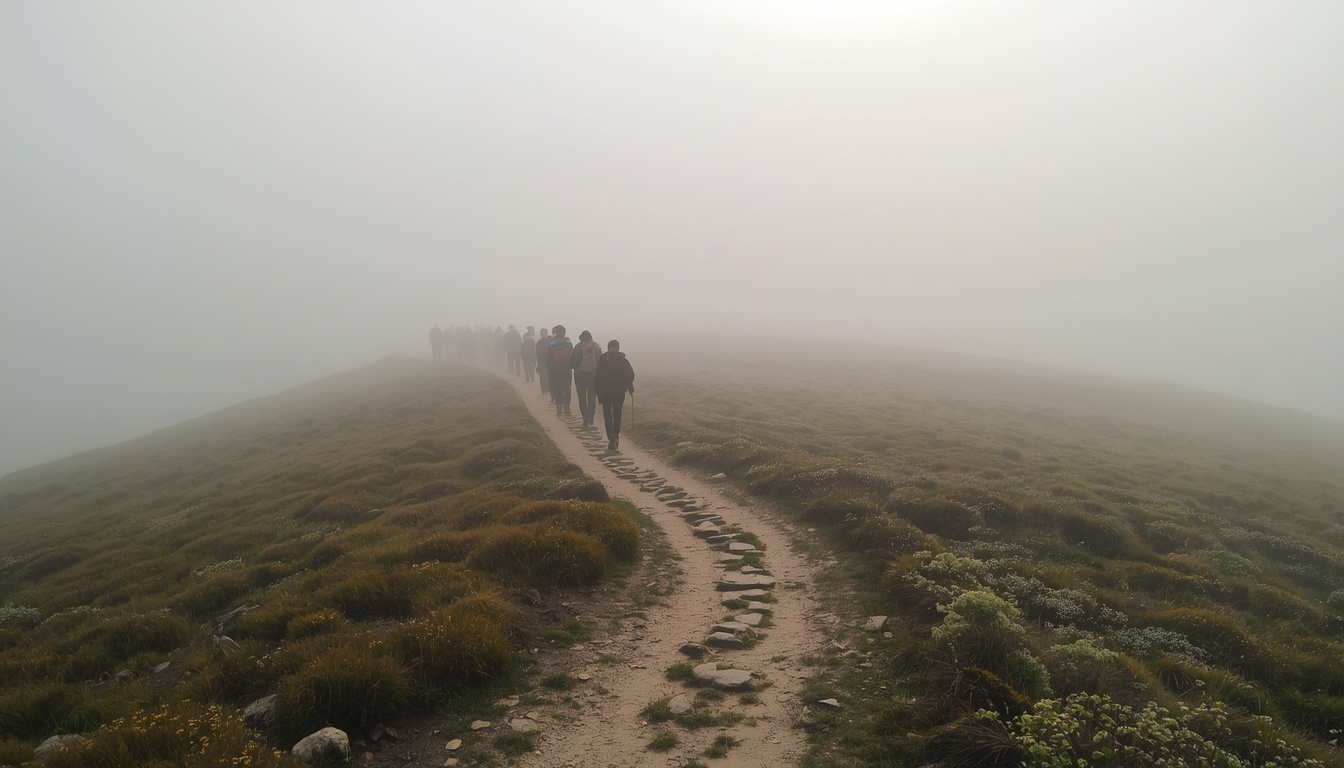 Walking group following a curved trail through morning mist